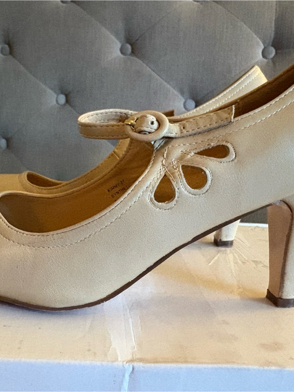 Chase + Chloe Cream Mary Jane Heels with Teardrop Cutouts